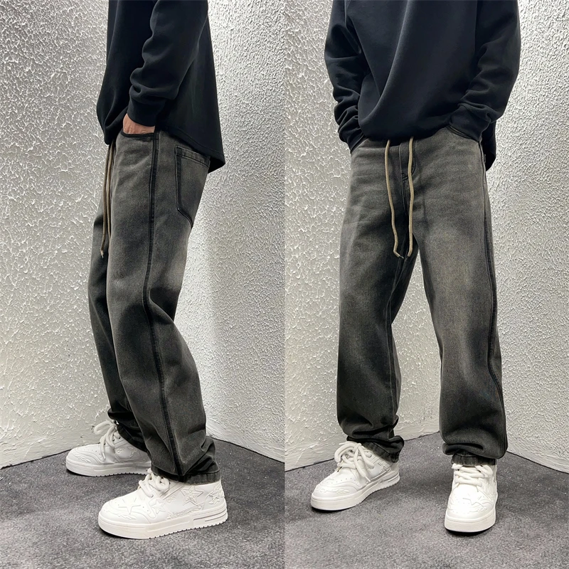 秋季阔腿长裤男士美式潮流直筒高街水洗裤子男士痞帅复古牛仔裤男