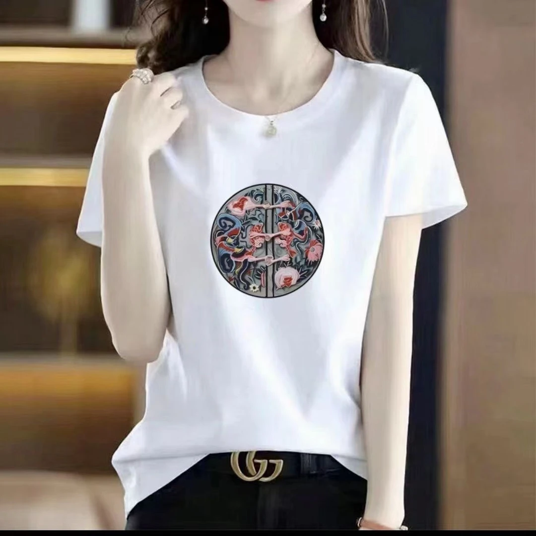【国风结】中国风正肩短袖白色t恤女圆领夏季内搭印花新款体恤纯棉