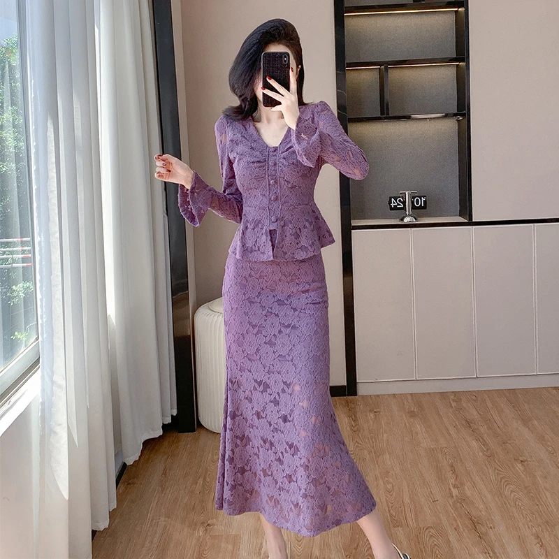 十三行品质 新款V领喇叭袖时尚上衣鱼尾半身裙时髦两件套套装806