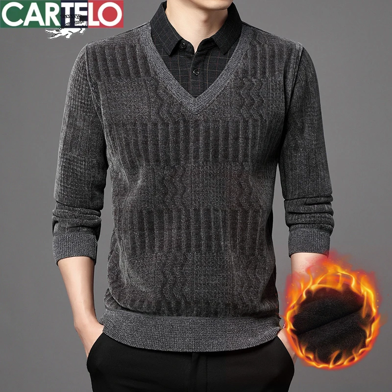 CARTELO/卡帝乐鳄鱼冬季男士加绒加厚保暖就雪尼尔毛衣假两件男装