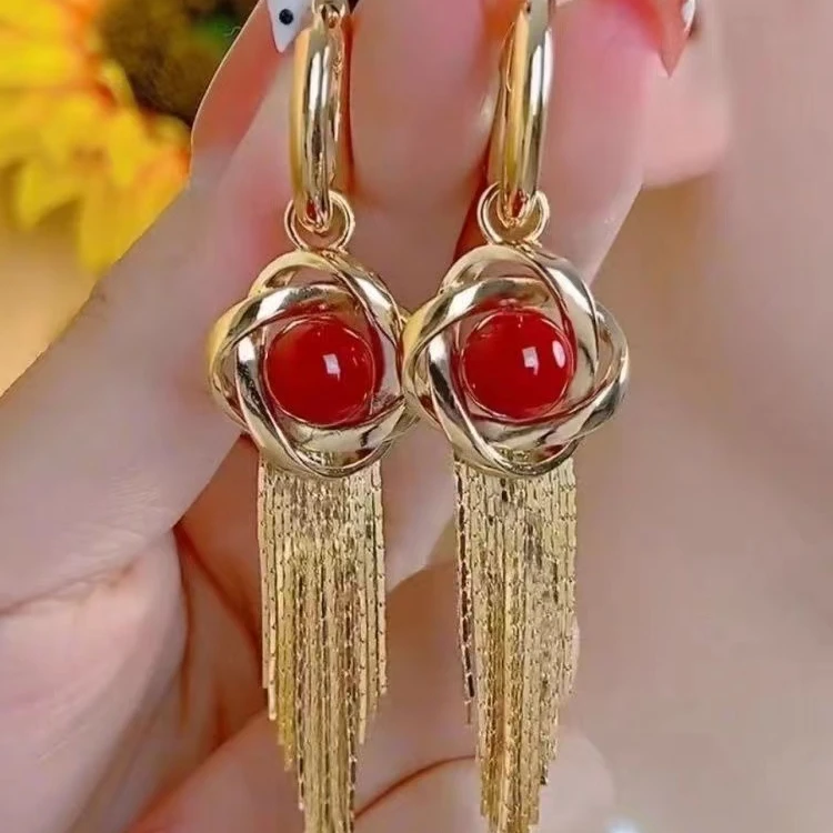 合金耳饰 轻奢红色珠珠流苏耳环小众设计感法式气质耳钉