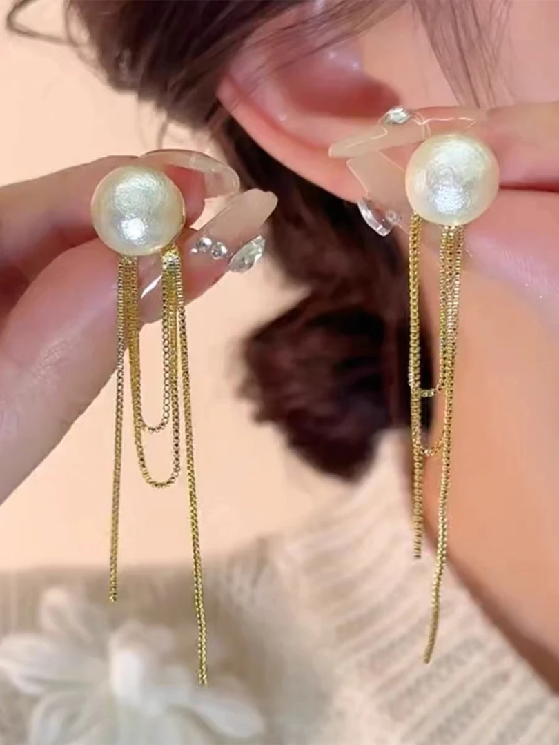 铜合金耳饰 甜美复古洋气珠珠流苏中长款两戴气质时尚耳饰