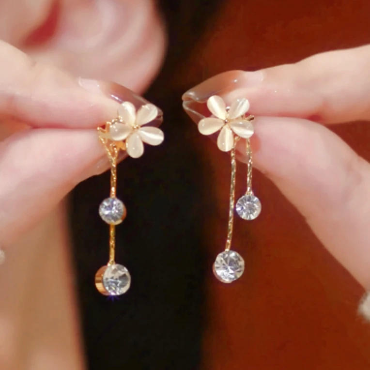合金合成锆石耳饰 甜美花朵流苏耳饰新款气质名媛两戴流苏