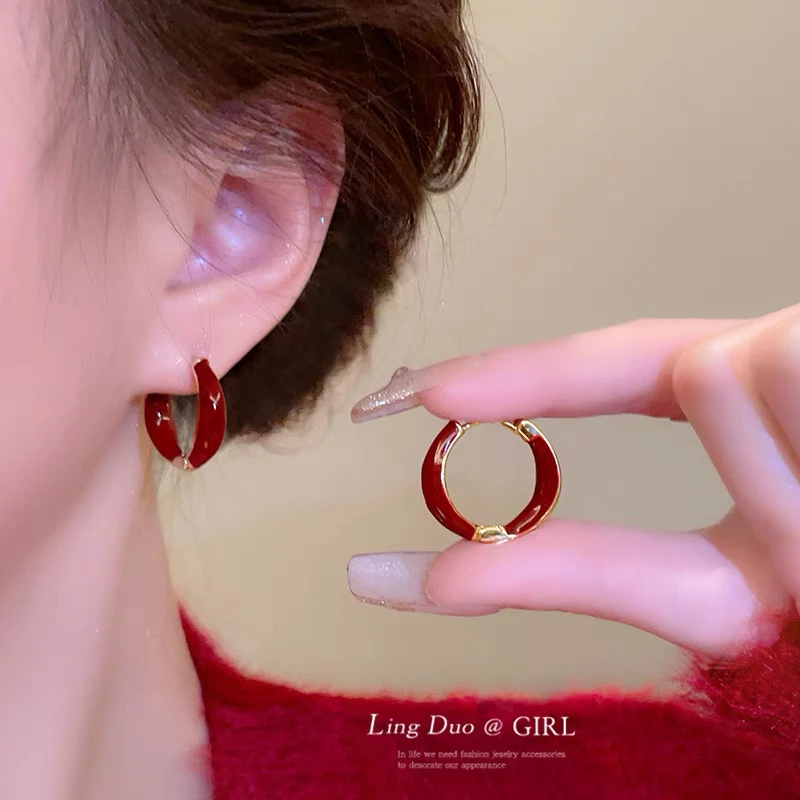 合金珐琅耳饰 红色滴釉耳环小众耳扣圈圈轻奢气质耳饰女秋冬