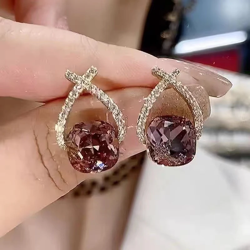 合金合成锆石耳饰 气质紫色锆石耳钉新款潮轻奢设计感精致耳环