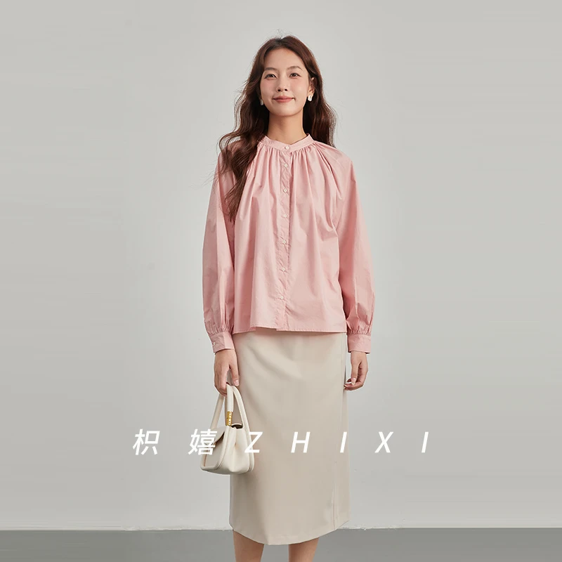 枳嬉zhixi法式纯色凉感短袖衬衫长袖同款女夏季新款纯棉衬衣罩衫