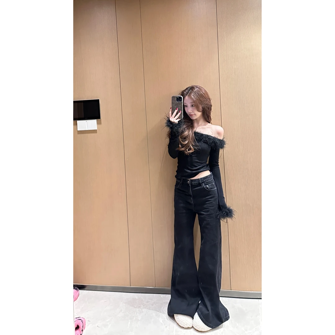 IS LULU  |   一字肩可拆卸真鸵鸟毛一衣两穿上衣