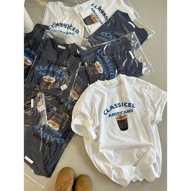 冰可乐图案清凉感白色短袖T恤女休闲夏装新款圆领纯棉打底上衣潮