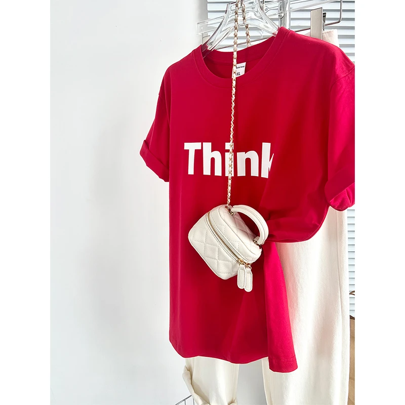 纯棉正红色短袖t恤女2025新款夏装时尚活力热情字母体恤上衣女装