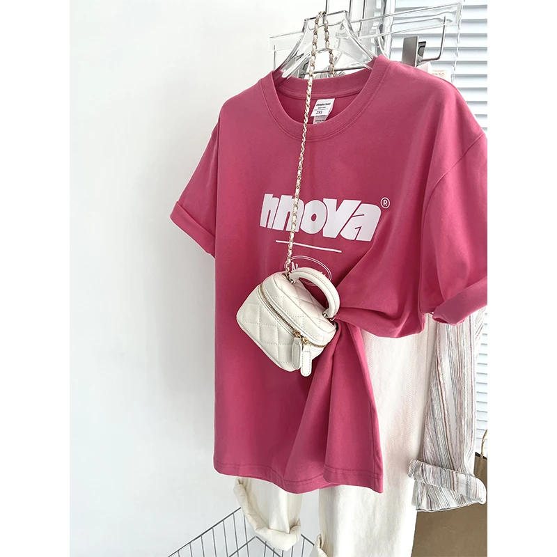 洋红正肩短袖T恤女早春2025新款设计感小众oversize半袖体恤上衣