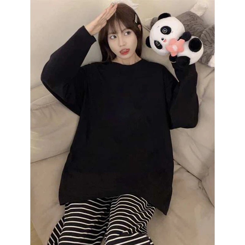 黑色纯棉打底衫女宽松正肩春秋纯色长袖t恤圆领韩版内搭叠穿上衣