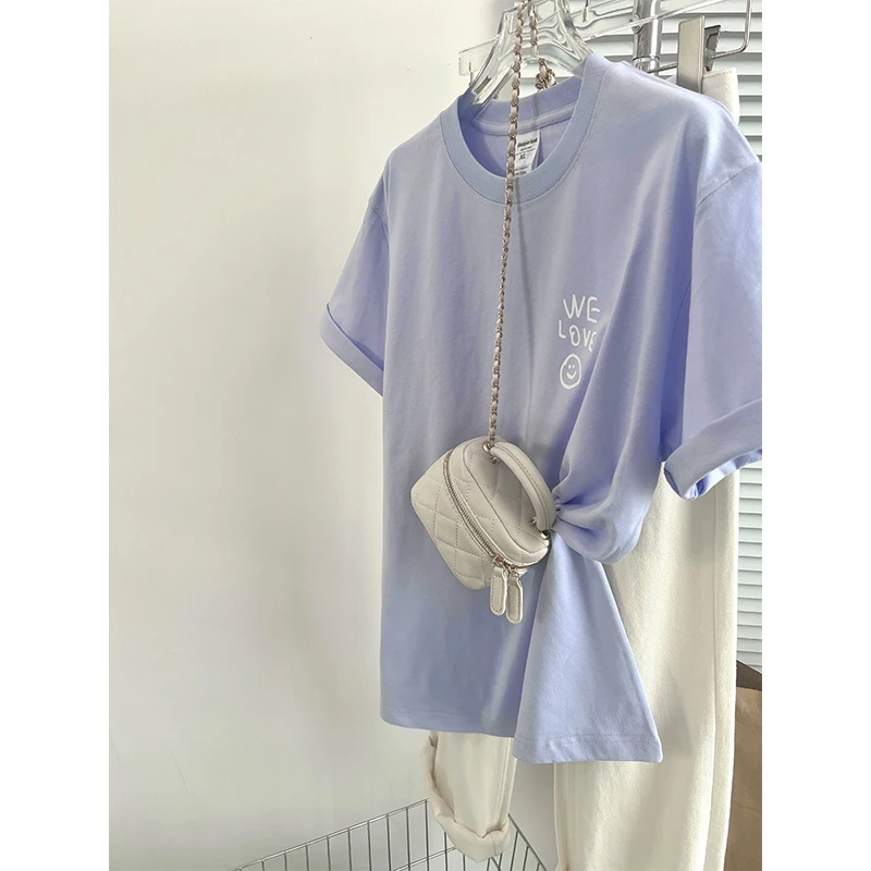 2025夏季个性时尚笑脸印花半袖T恤淡紫重磅纯棉高级感潮牌上衣潮