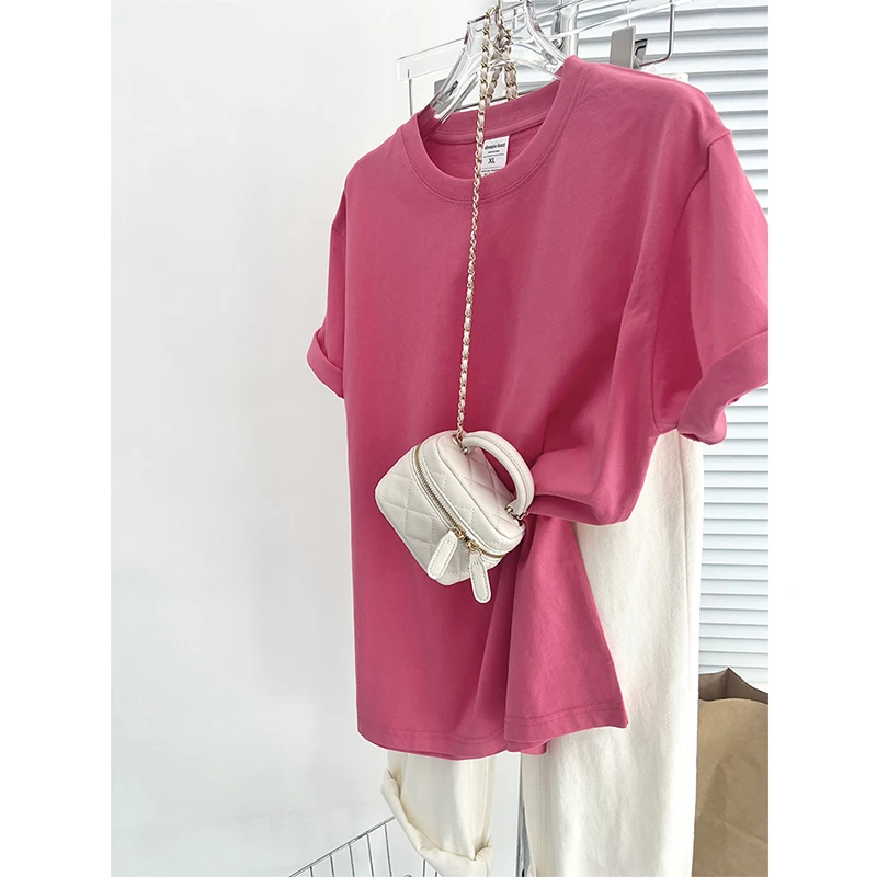 2025马卡龙短袖T恤女夏宽松设计感纯棉上衣夏季玫红百搭显瘦圆领