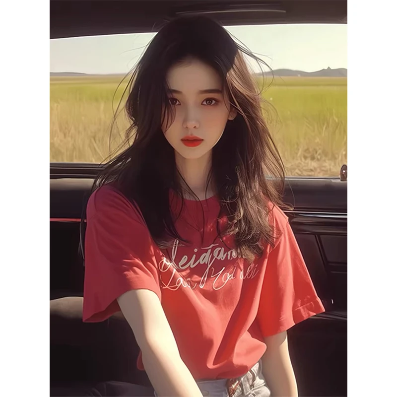 2025夏新爆款浅橙色字母印花短袖T恤女时髦时尚独特别致绝美上衣