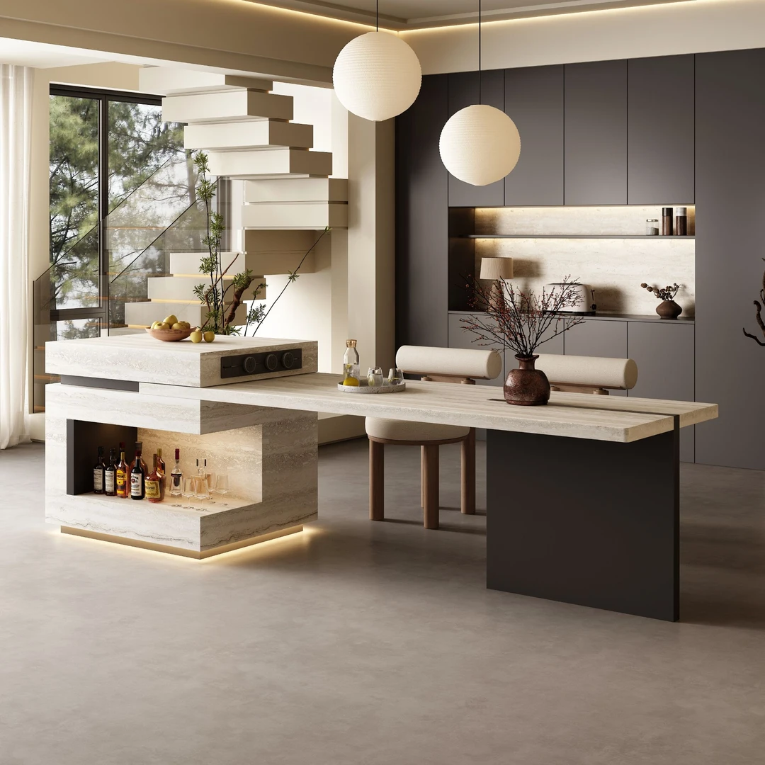 意式岛台一体餐桌伸缩西厨倒台岩板岛台厨房高级吧台中岛台家用