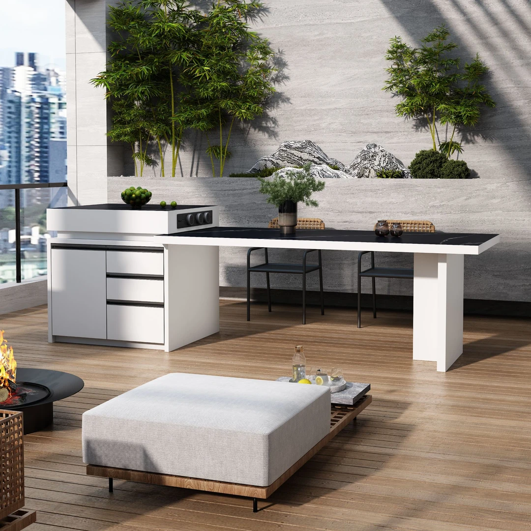 户外操作中岛全岩板台岛台铝合金储物柜岩板吧台庭院花园桌椅