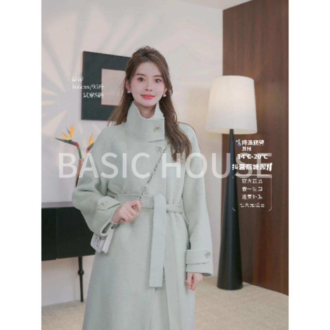 Basic House/百家好秋冬新款大衣百搭时尚翻领高级感毛呢外套A