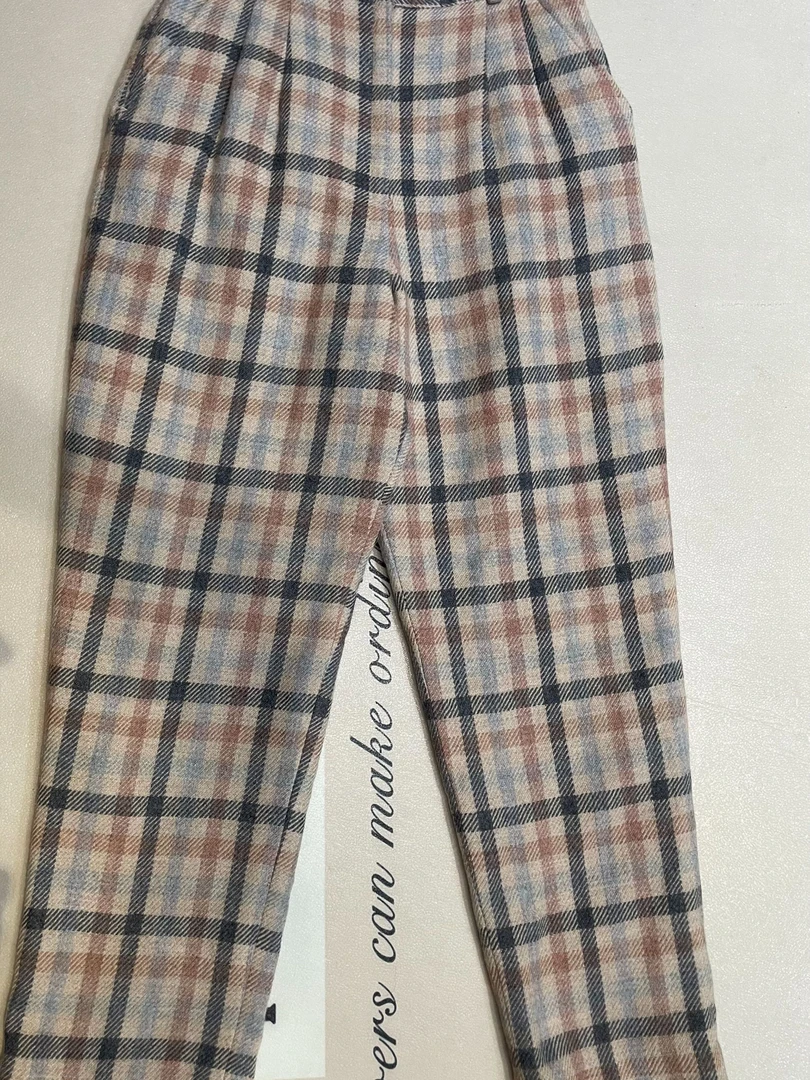 古着vintage裤子春秋日系女款复古格子裤毛呢休闲裤