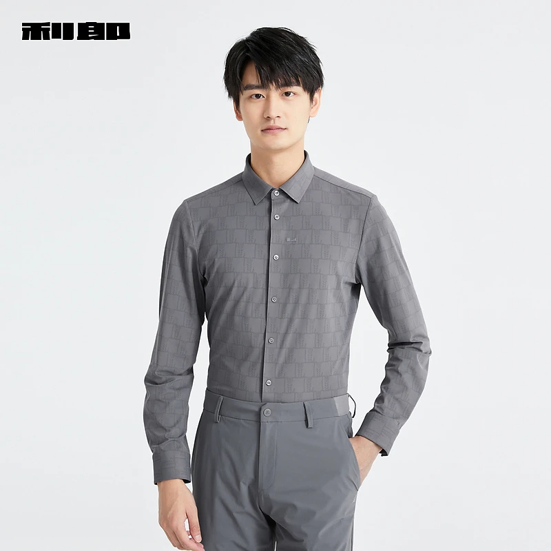 利郎官方 长袖衬衫男士印花2025春新款翻领修身弹力商务休闲衬衣