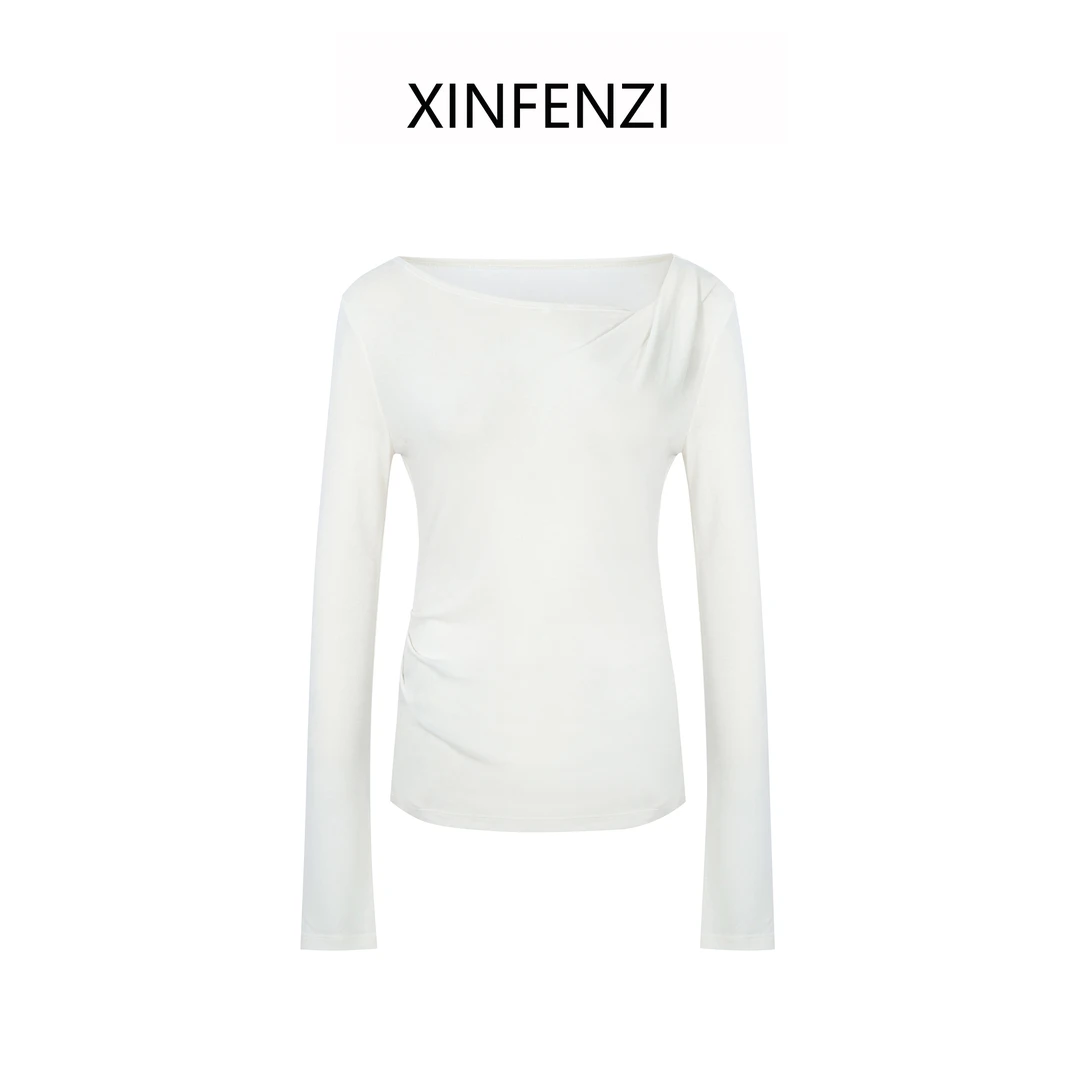 【奶油枫糖】XINFENZI 不对称领口褶皱收腰显瘦长袖打底衫 FS33868