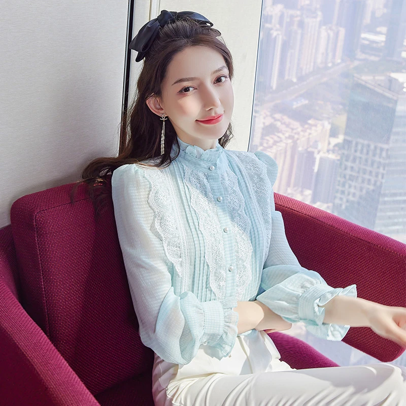 淑女时尚显瘦2025春季衬衣女法式立领长袖打底衫温柔通勤 21025