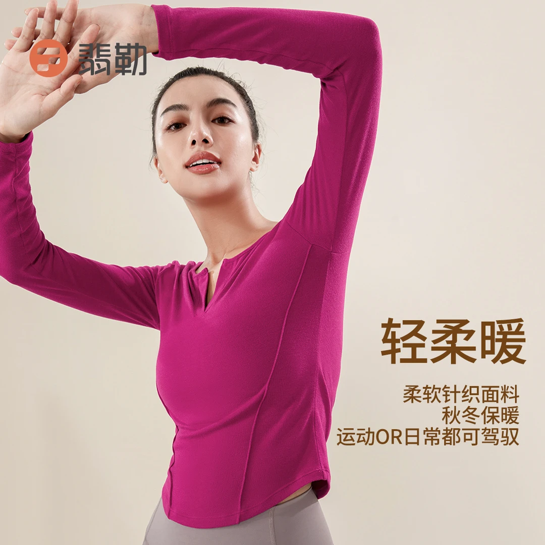 秋意长袖-瑜伽服女修身V领春秋款长袖运动速干健身衣跑步健身T恤