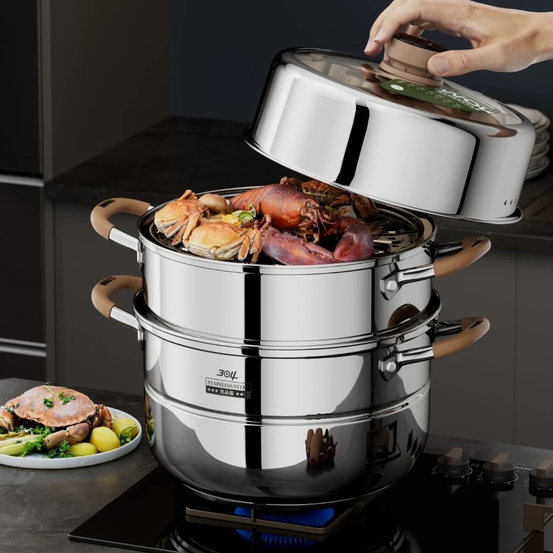 304不锈钢定时蒸锅推荐家用多功能蒸煮三层加厚蒸锅电磁炉通用