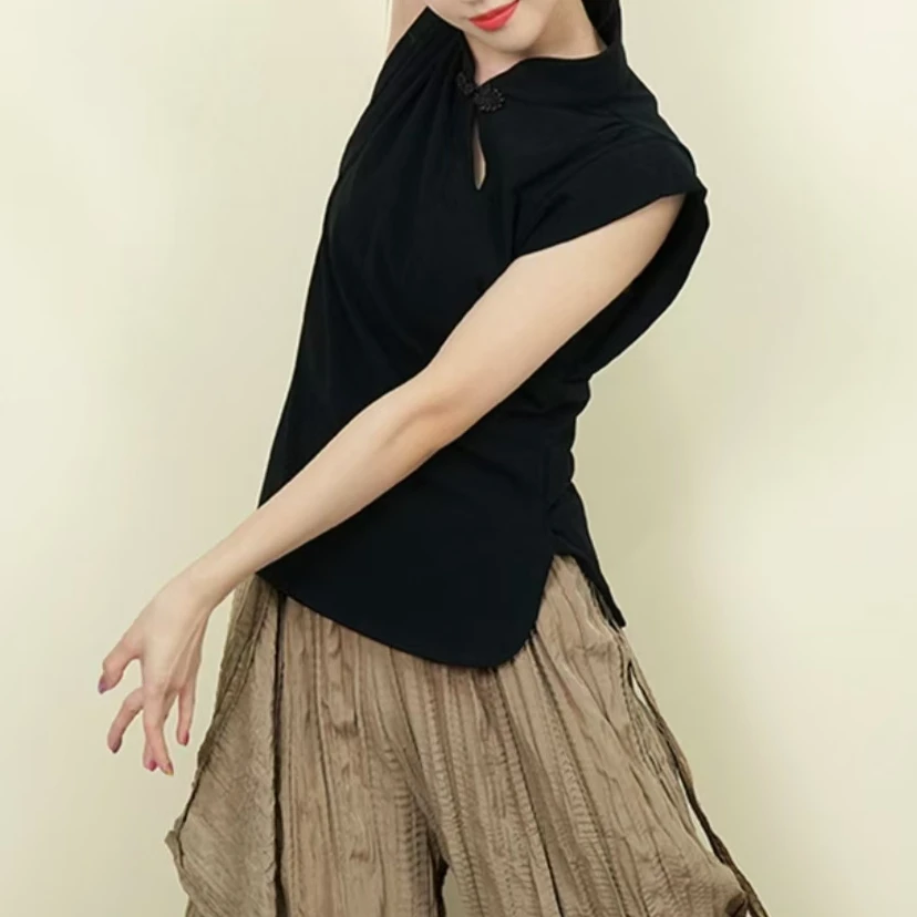 新中式立领盘扣无袖时尚休闲显瘦气质纯色百搭黑色打底旗袍短袖
