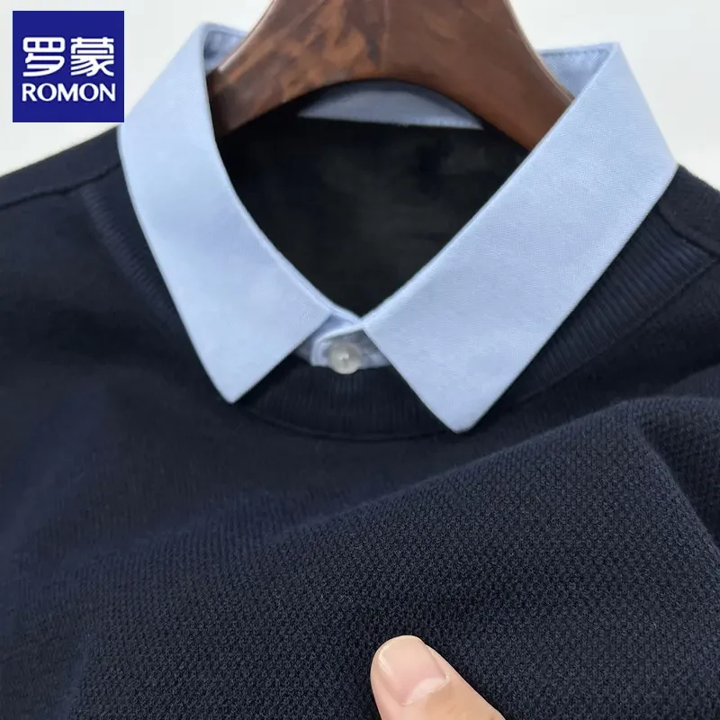 罗蒙中年男士商务衬衫领针织衫秋冬季加厚保暖打底衫假两件款毛衣