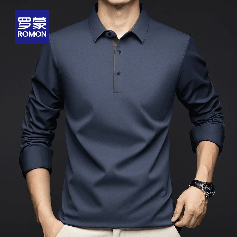 罗蒙轻奢长袖T恤男士春秋季纯色高端翻领POLO衫休闲无痕打底衫潮