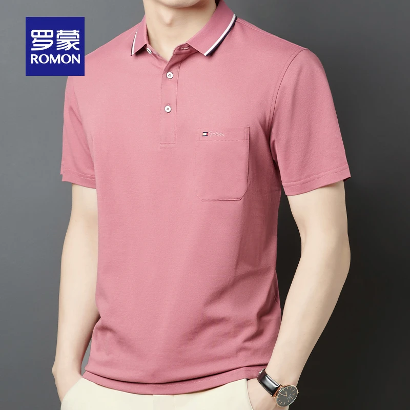 罗蒙冰丝新款短袖t恤男士粉色Polo衫中年爸爸夏装商务休闲上衣