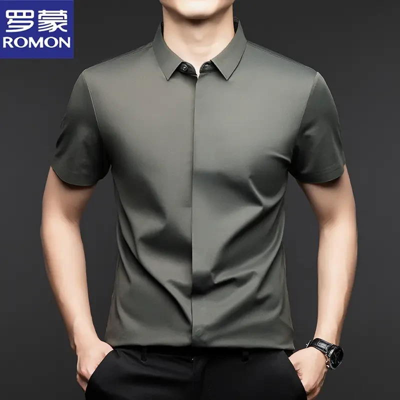罗蒙高端冰丝短袖衬衫男士夏季大码轻奢高档暗扣休闲百搭衬衣服潮