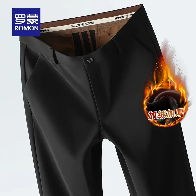 罗蒙男士休闲裤秋冬季加绒加厚直筒宽松商务西装裤新款保暖长裤子