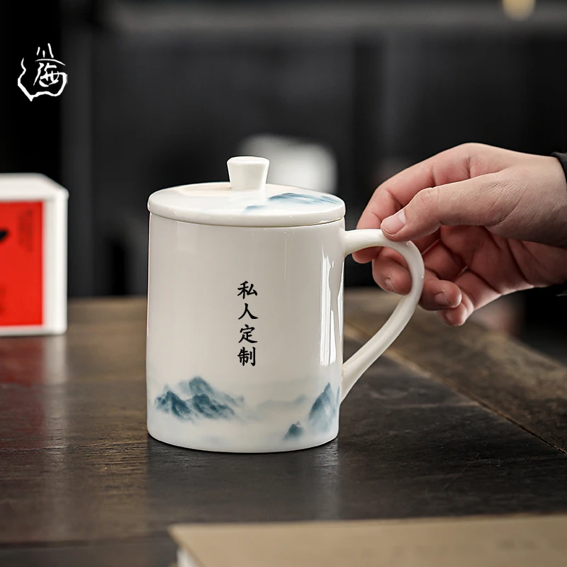 白瓷茶杯大容量个人专用水杯羊脂玉陶瓷家用办公杯带盖马克杯刻字