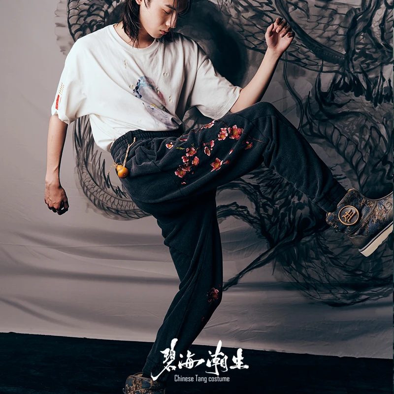 碧海潮生＜桃花仙裤＞春秋款中国风国潮重磅古风做旧水洗卫裤休闲裤