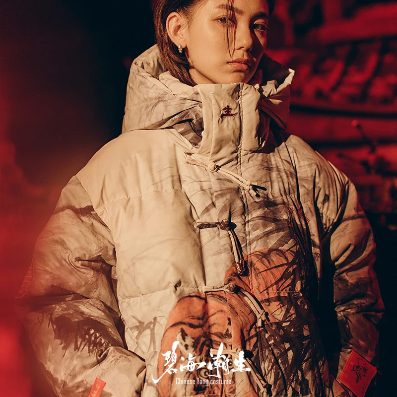 碧海潮生【卧虎藏龙】秋冬新款中国风国潮印花保暖脱卸帽棉服外套