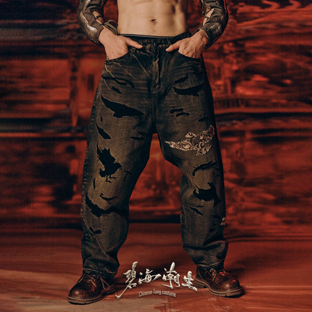 碧海潮生【大黑天】新款中国风国潮刺绣水洗牛仔裤休闲长裤