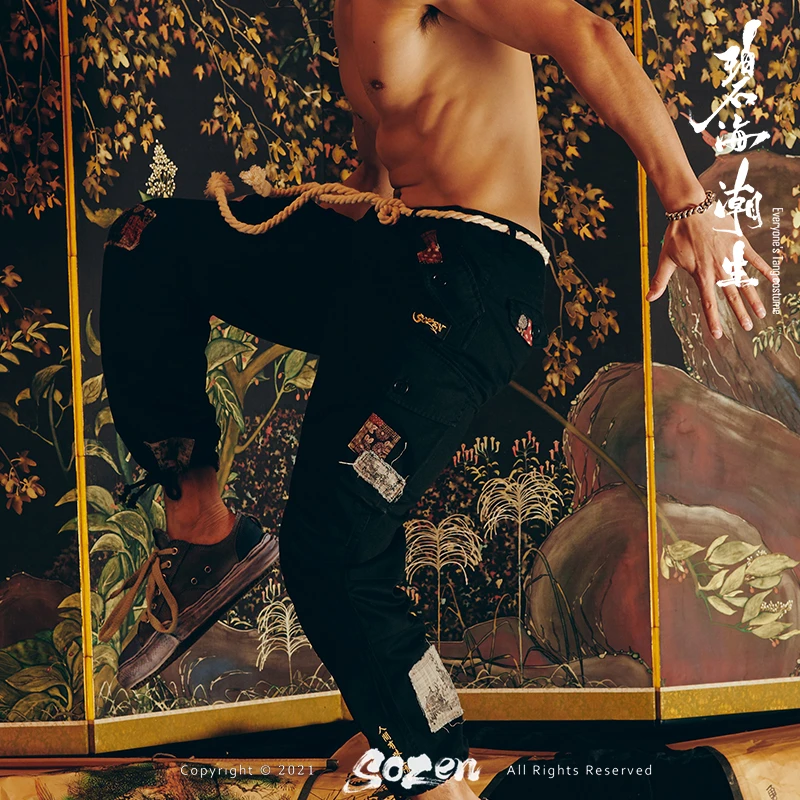 碧海潮生＜人间＞新款中国风国潮直筒系带拼布做旧工装休闲长裤