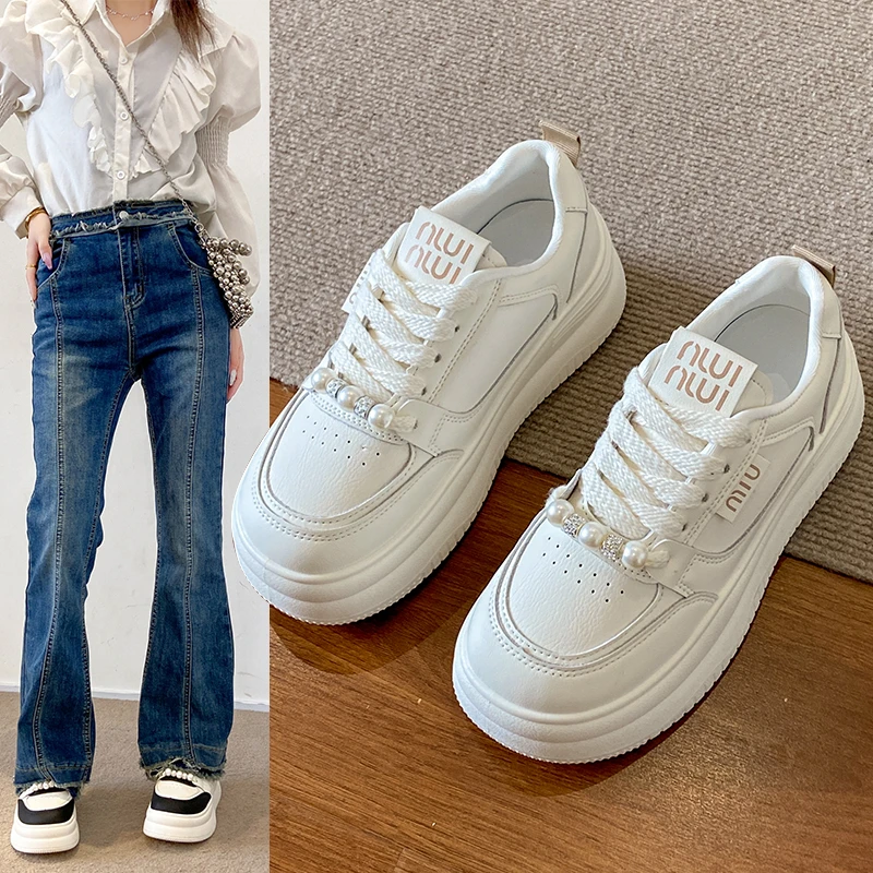 厚底珍珠春秋小白鞋女透气黑色款小众网红休闲鞋秋季休闲鞋学生