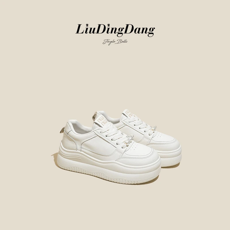 【刘叮咚女鞋】厚底珍珠女2024秋季新款ins透气百搭米系带 白色款
