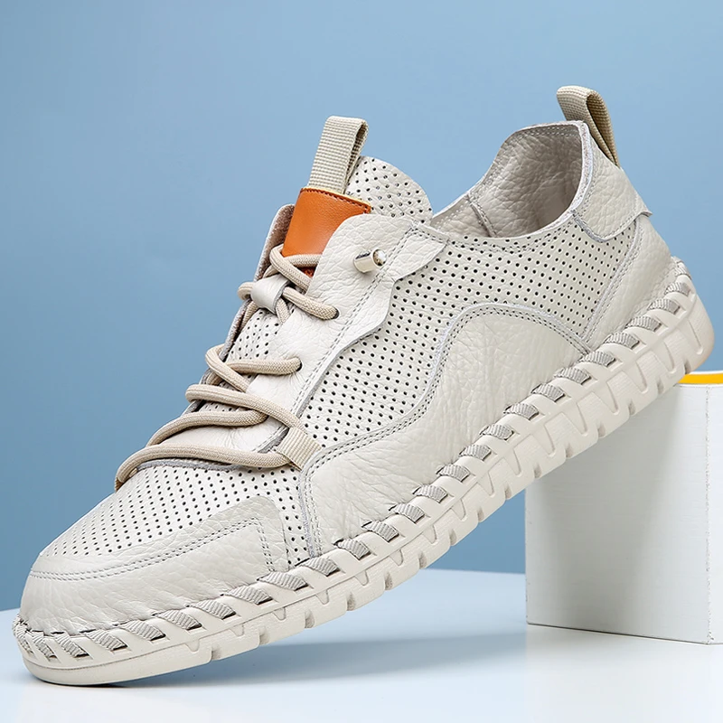 头层牛皮男士洞洞鞋透气凉鞋吸汗软底软皮一脚蹬手工缝包鞋子板鞋