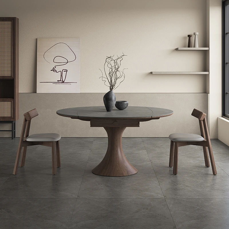 伸缩岩板餐桌实木带电磁炉可变圆桌意式折叠胡桃色侘寂风北欧餐桌
