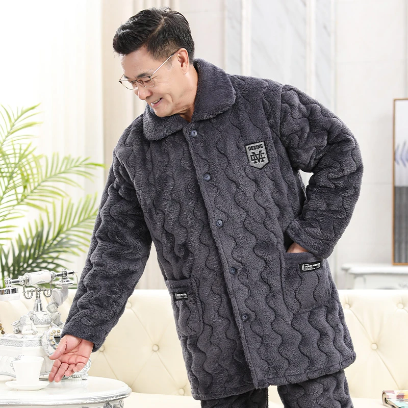 冬天加大码男士三层加厚加绒加肥中老年人爸爸保暖家居服长款套装