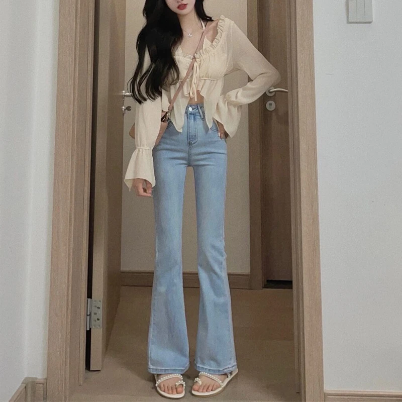 浅蓝色微喇牛仔裤女2025年秋装新款高腰窄版直筒拖地加长喇叭裤子