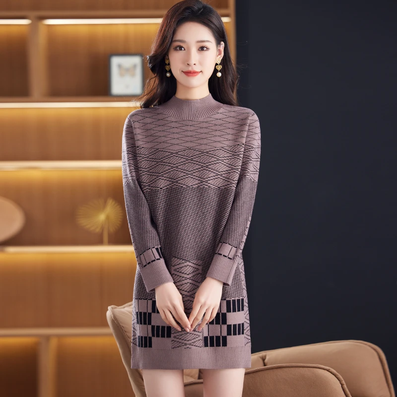 正品羊毛衫女中长款宽松半高领毛衣裙时尚条纹洋气百搭针织打底衫