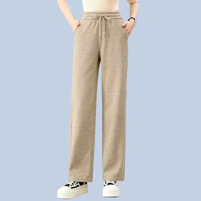 冬季羊毛呢女裤松紧高腰直筒裤垂感宽松显瘦时尚百搭韩版休闲裤子