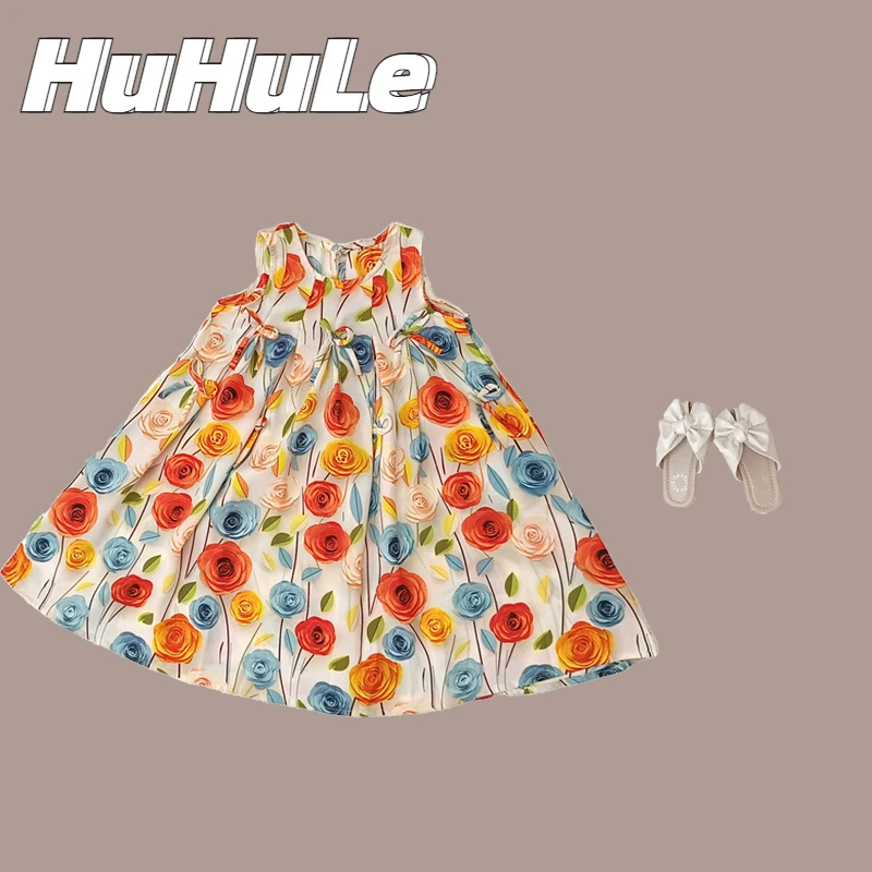 【太阳花】女童夏季洋气连衣裙新款虚线花朵蝴蝶结冰感无袖公主裙