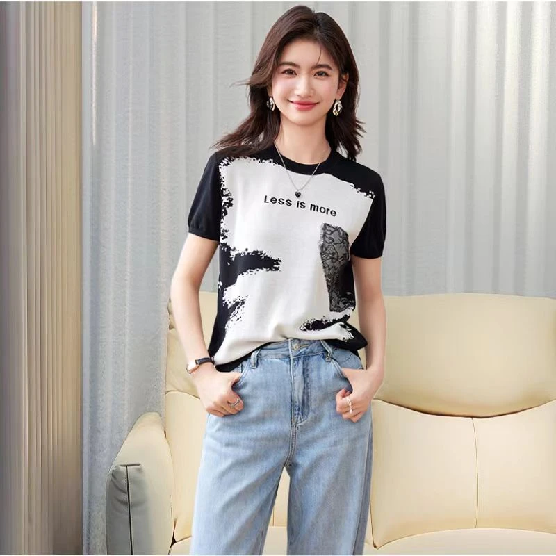 法式黑白提花针织短袖t恤休闲上衣显瘦百搭时尚潮流莫奈花园风