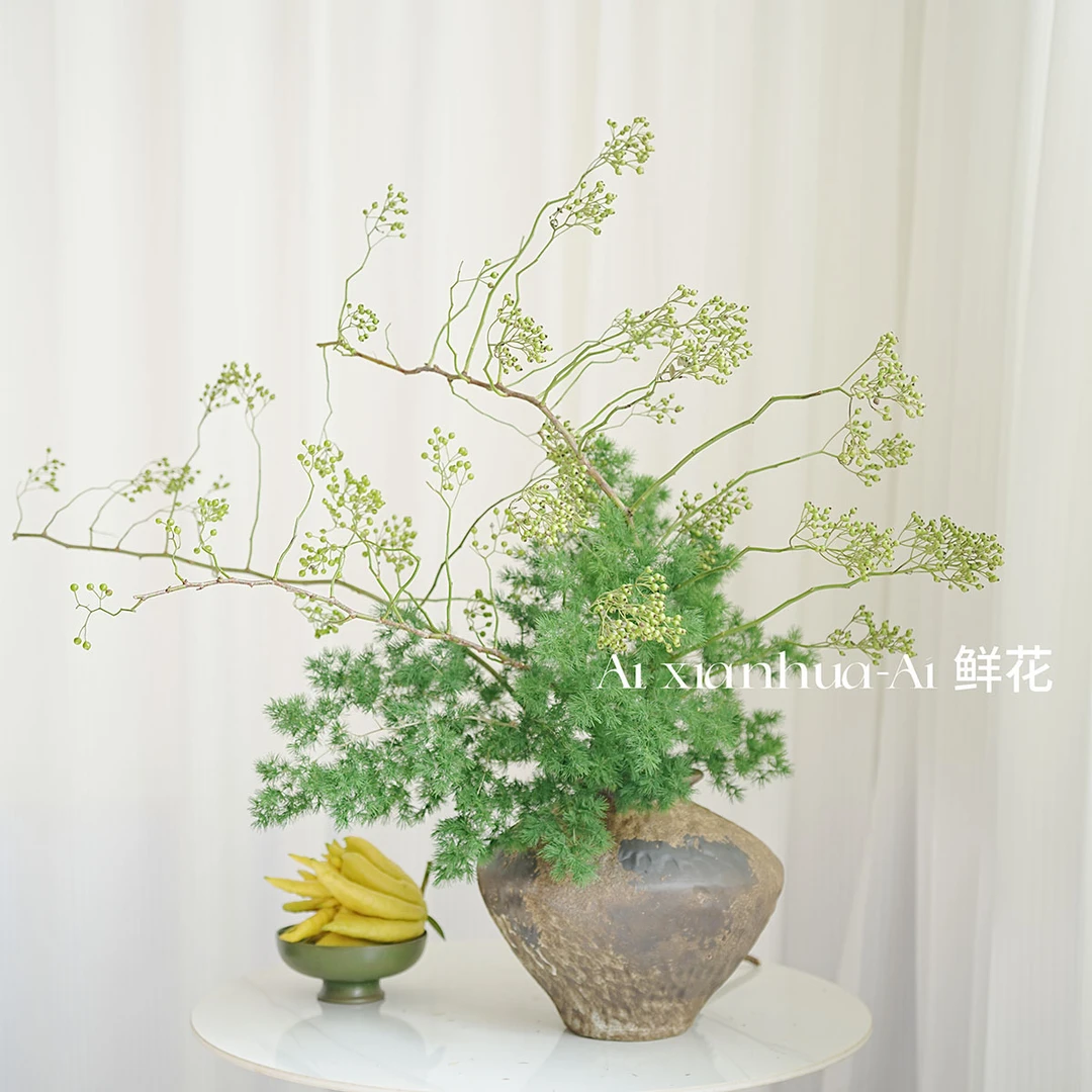 秋冬禅意中式插花花期长绿色山归来蓬莱松鲜切枝组合花束家居装饰