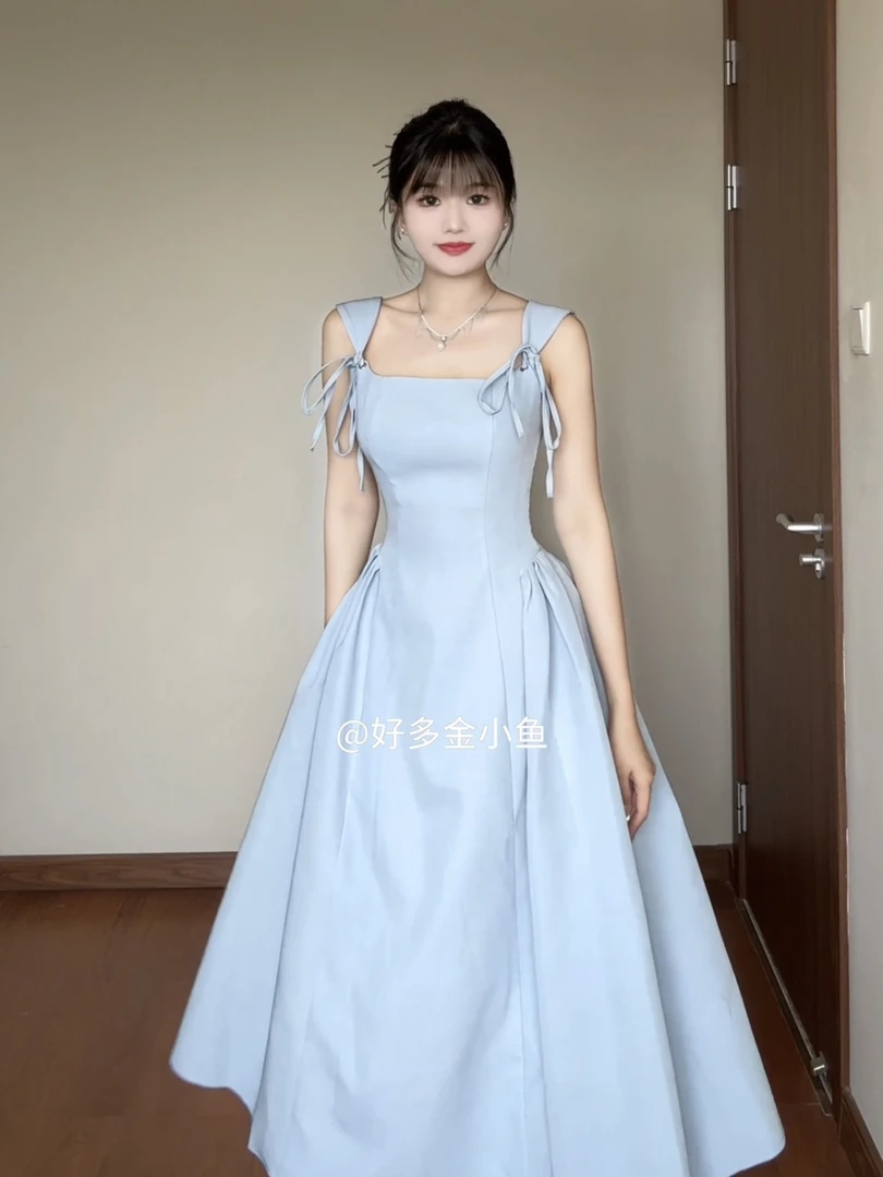 长款宽肩带系带收腰A摆连衣裙蓝色夏季春夏法式女装小清新吊带裙